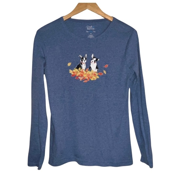 Croft & Barrow “The Classic Tee” Boston Terrier in Leaves Long Sleeve Tee Medium - Picture 1 of 6